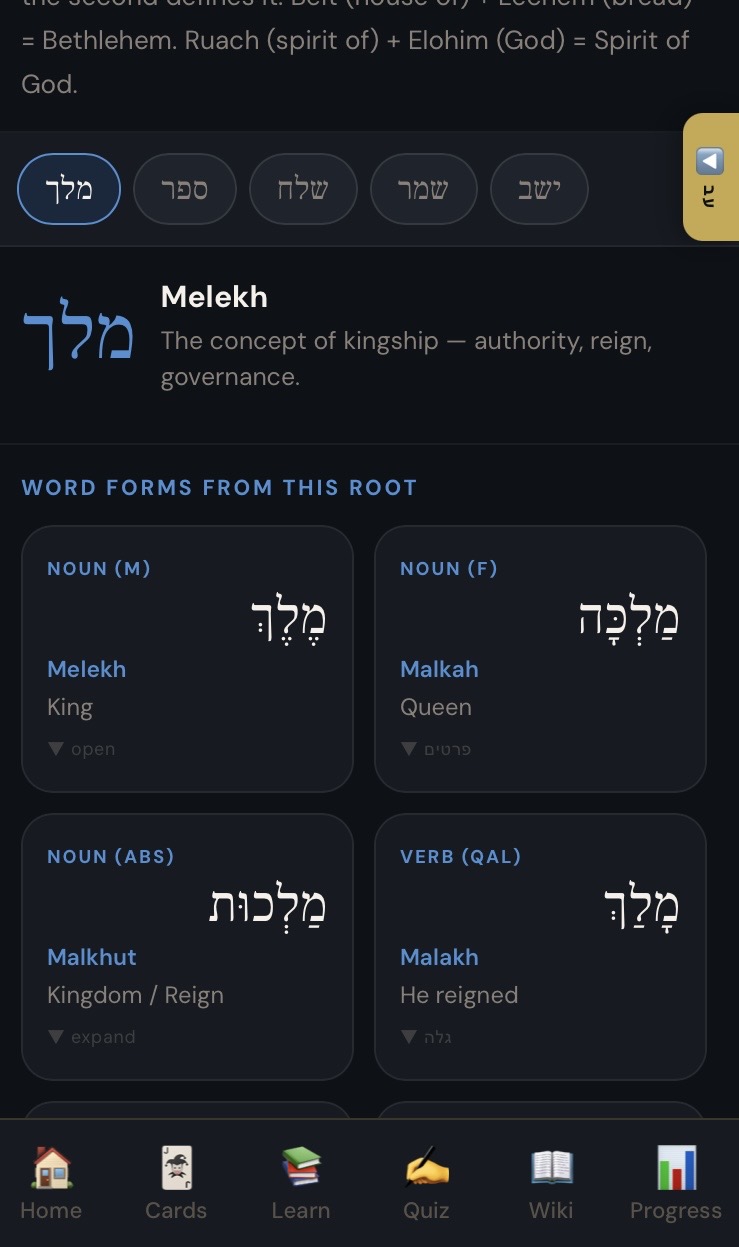 SHUV root word study — Melekh (King) with word forms
