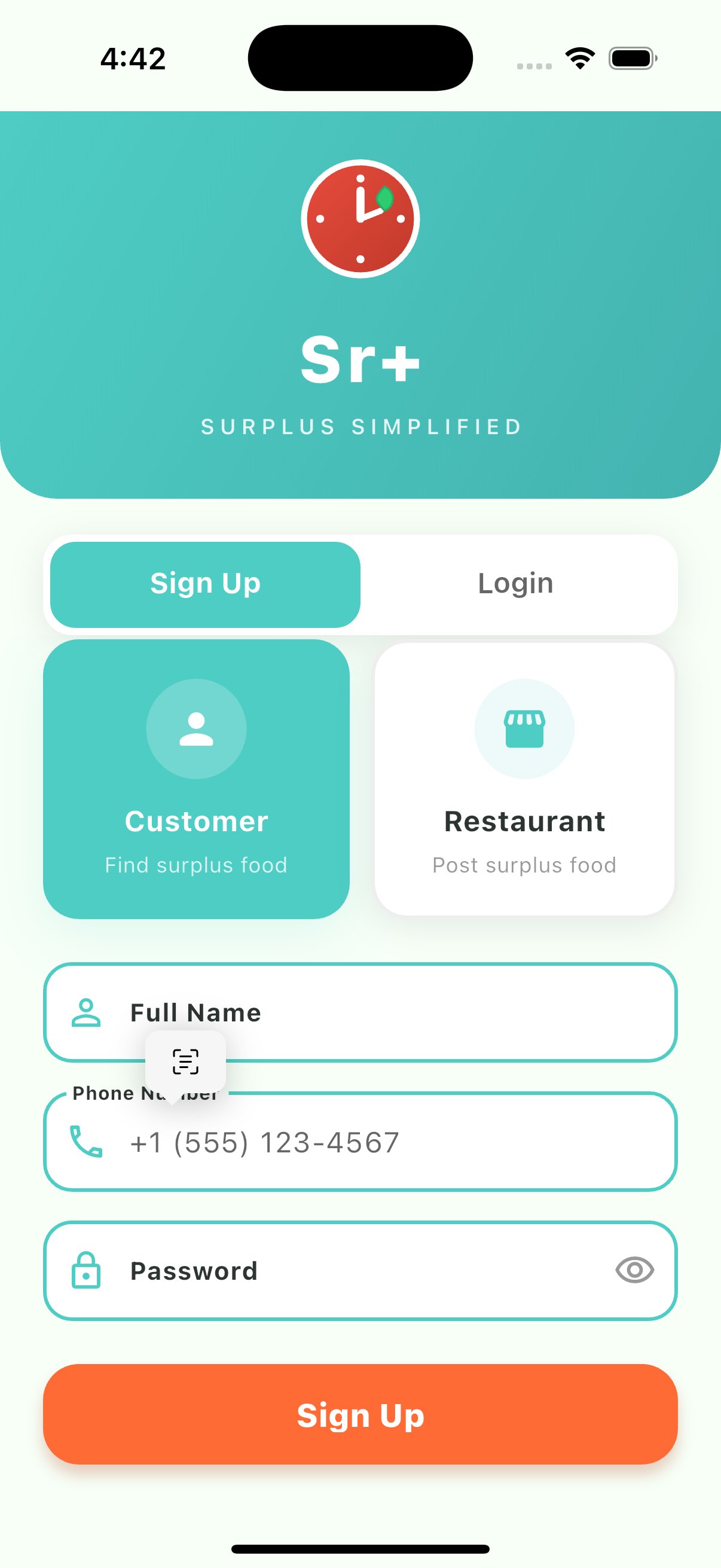 Srplus signup screen